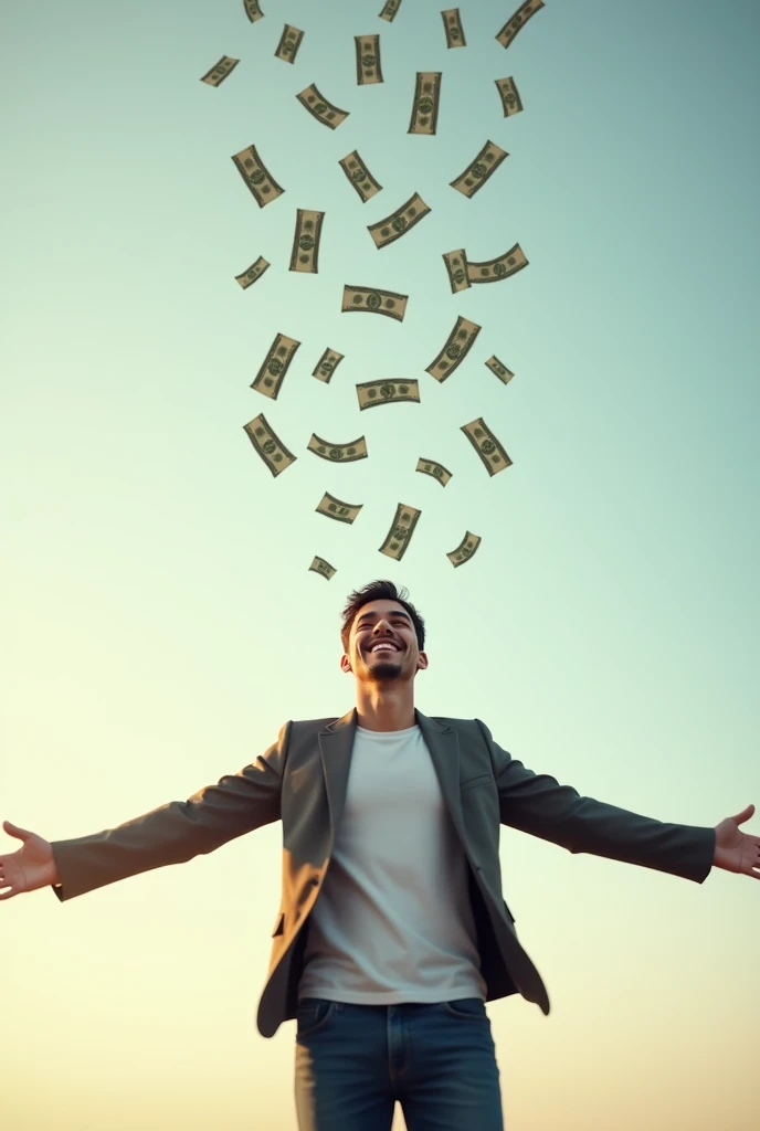 A handsome young man smiles happily, looks up, and spreads his arms, waiting to receive money, which is a lot of money falling from the sky.