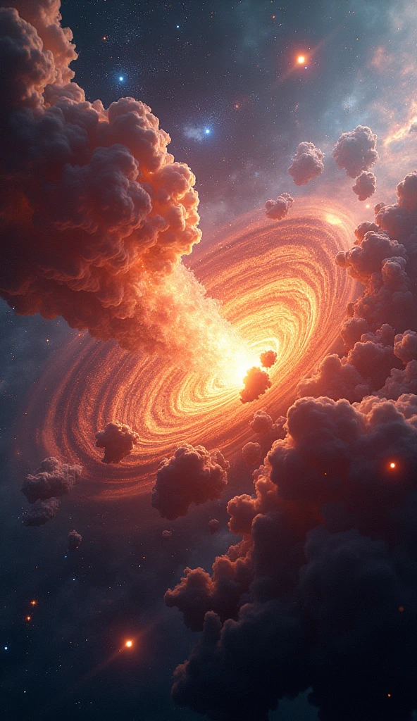 
A swirling vortex of cosmic dust and gas, rendered in ultra-realistic detail, explodes outwards, revealing a universe teeming with vibrant, nebulous formations. Glowing stars in every shade of the spectrum pierce the darkness, their light casting long, ethereal shadows across the canvas.  Each individual particle of dust is meticulously depicted, swirling in a mesmerizing dance of light and gravity. The vastness of the cosmos is captured in breathtaking 8K resolution, revealing the intricate beauty of the universe on a scale never before seen. 
