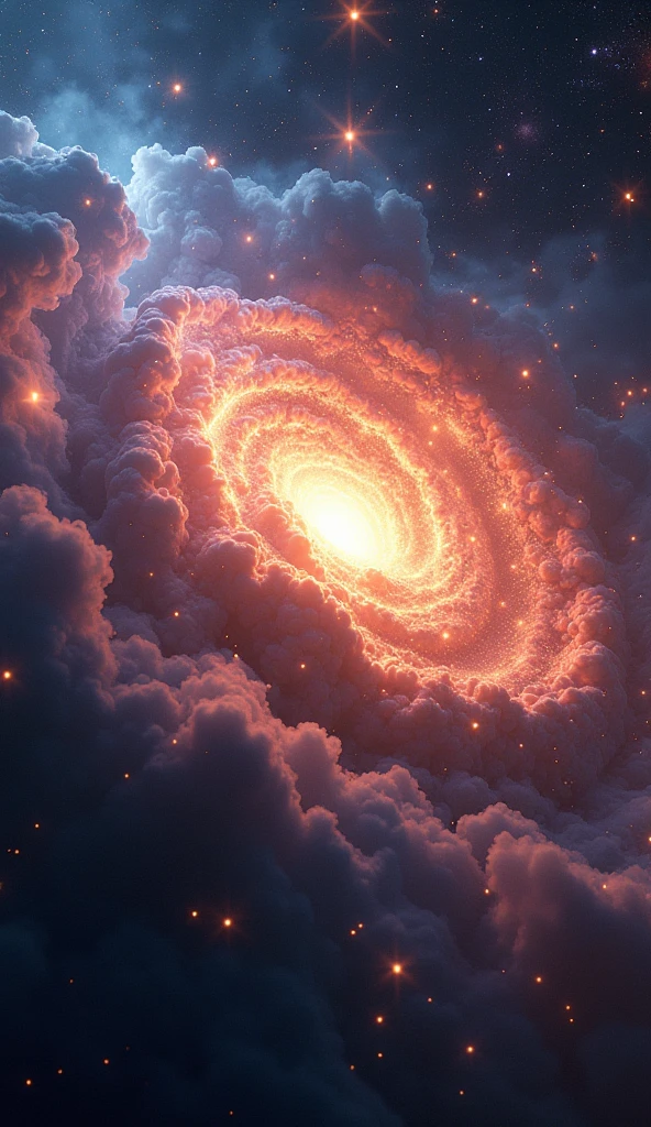 A swirling vortex of cosmic dust and gas, rendered in ultra-realistic detail, explodes outwards, revealing a universe teeming with vibrant, nebulous formations. Glowing stars in every shade of the spectrum pierce the darkness, their light casting long, ethereal shadows across the canvas. Each individual particle of dust is meticulously depicted, swirling in a mesmerizing dance of light and gravity. The vastness of the cosmos is captured in breathtaking 8K resolution, revealing the intricate beauty of the universe on a scale never before seen.