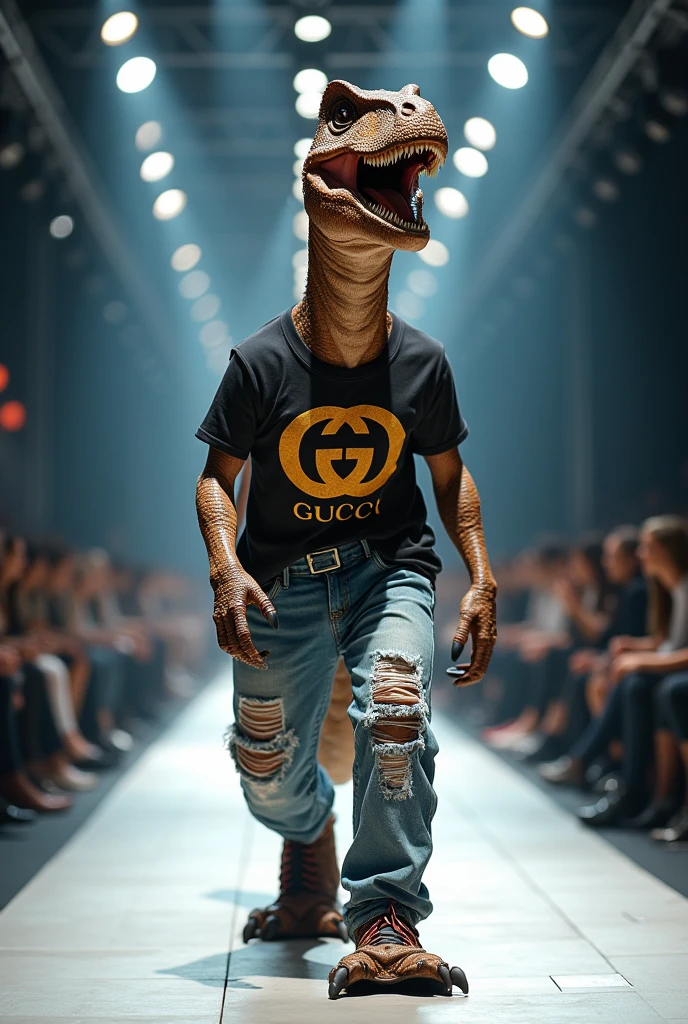 Dinosaur wearing a T-shirt and jeans set from Gucci in a fashion show. Full body photo, real as in real life.