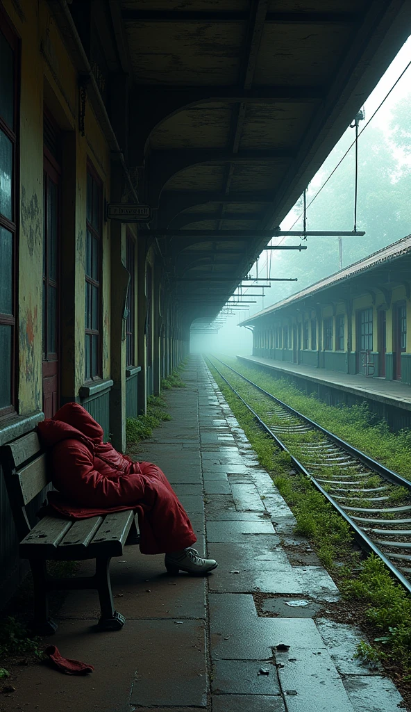 An old, forgotten train station with vintage architecture and overgrown plants reclaiming the space. There's an empty bench on the platform, dimly lit by a single flickering light. A comfortable sleeping bag is laid out, and there's a sense of quiet solitude.