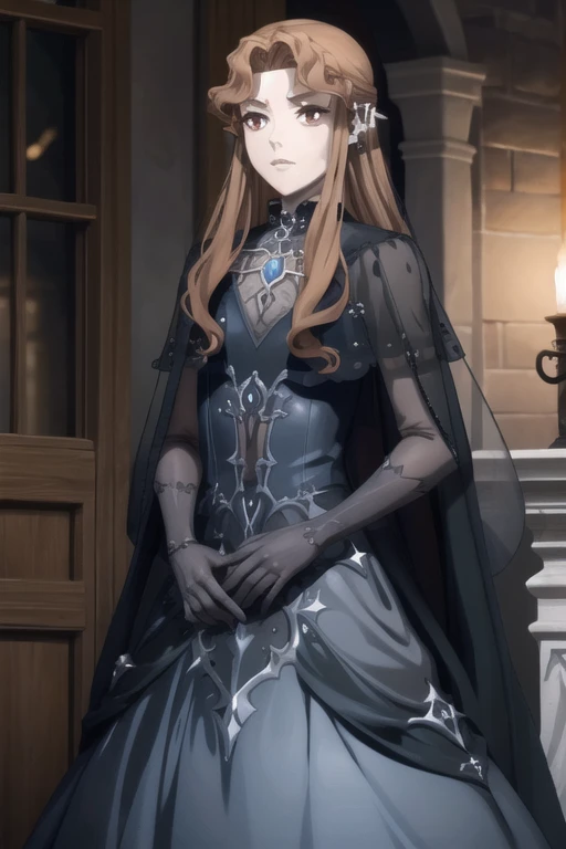 LenoreCastlevania, black dress, black gloves, blue dress, cape, earrings, fangs, hair ornament, jewelry, long dress, necklace, see-through