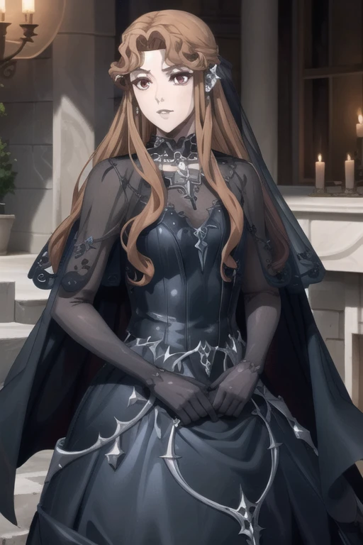 LenoreCastlevania, black dress, black gloves, blue dress, cape, earrings, fangs, hair ornament, jewelry, long dress, necklace, see-through