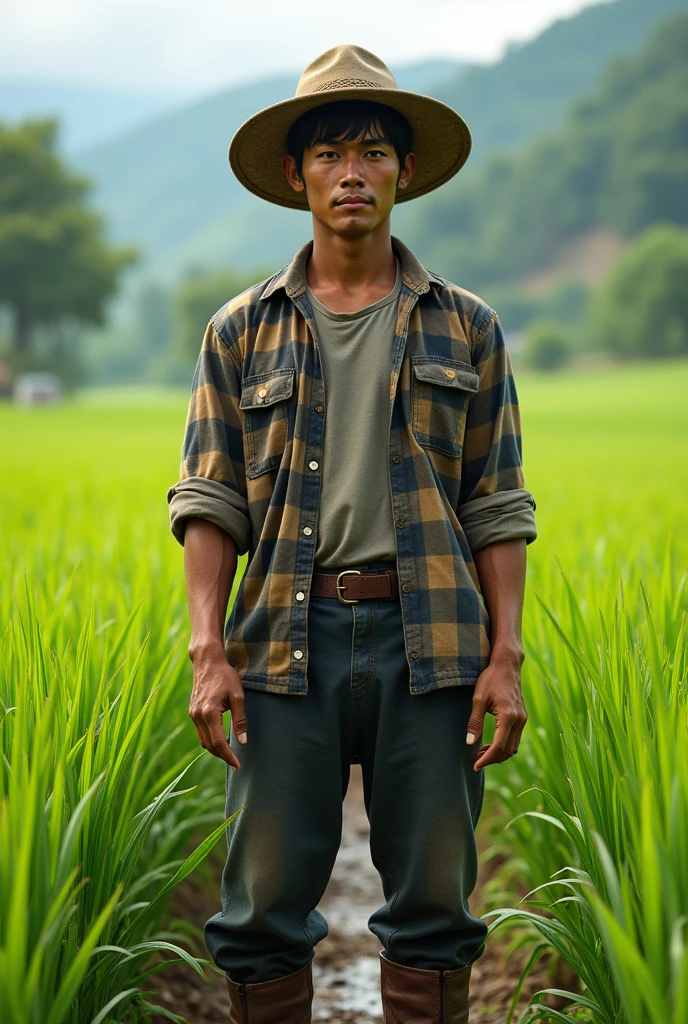 “Environmental portrait of a Japanese male farmer in his 20s, rugged face with a tan, bright eyes, straight nose, short black hair under a wide-brimmed hat, muscular build in a plaid shirt and work boots, standing in a rice field”