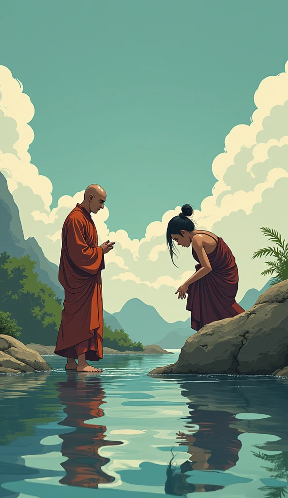 Scene: The monk with bold head gently sets the woman down on the opposite bank, with the disciple still looking troubled.
Character Description: The monk remains serene, while the disciple frowns, deep in thought. In comic style 