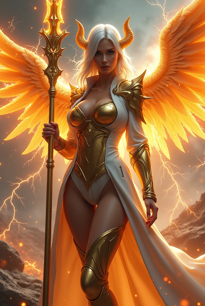((((Spear)))), ((Lightning Power)), ((Electricity)), ((Fire Background)), ((Lightning Storm)), ((Power Erupting)),(((android 21))), (((white Coat))), (((Busty))), luxury bustier corset, ((silver hair)), (((Very slim waist))), propotional body, ((Gorgeous)), (((gold wings))), masterpiece, hyperdetail, ambient effect, digital effect, (((FIRE Spear)), (((Lightning Spear))), (((Fire Gold Armor))), (((Lightning Gold Wings))), ((Fire Demon Horns)) ,((((Golden Spear))))