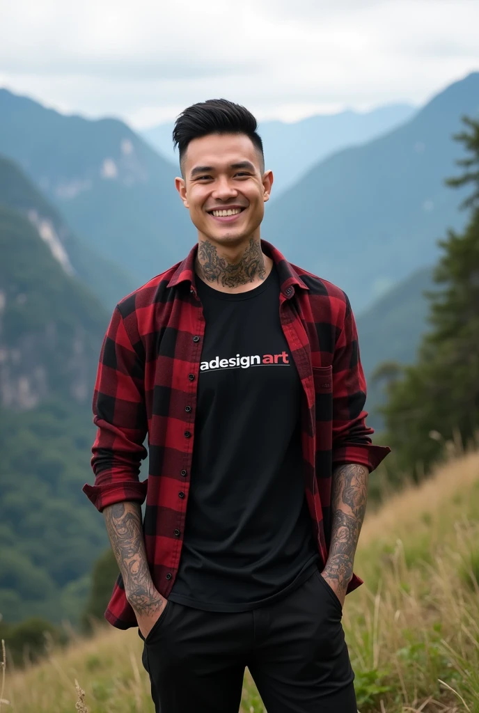 A handsome Thai man with his hands covered in intricate tattoos, rambut undercut, standing in a mountainous landscape like a wide angle camera, wearing a black t-shirt that says "Adesign Art", red checkered long sleeve shirt, modern black pants and black shoes. with a friendly smile landscape