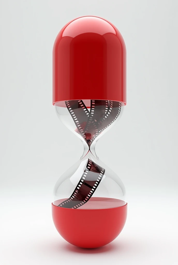 create a red and white hourglass shaped like a medicine capsule, and inside the hourglass there are rolled up film strips. do not put sand inside the hourglass, without sand