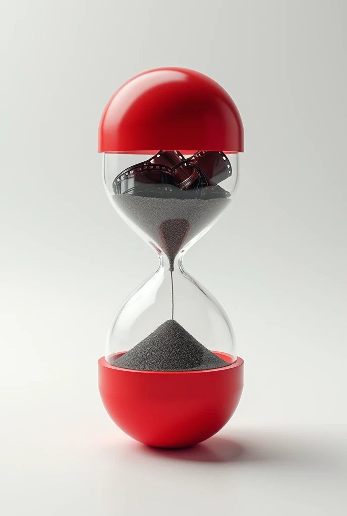 create a red and white hourglass shaped like a medicine capsule, and inside the hourglass there are rolled up film strips. do not put sand inside the hourglass, without sand