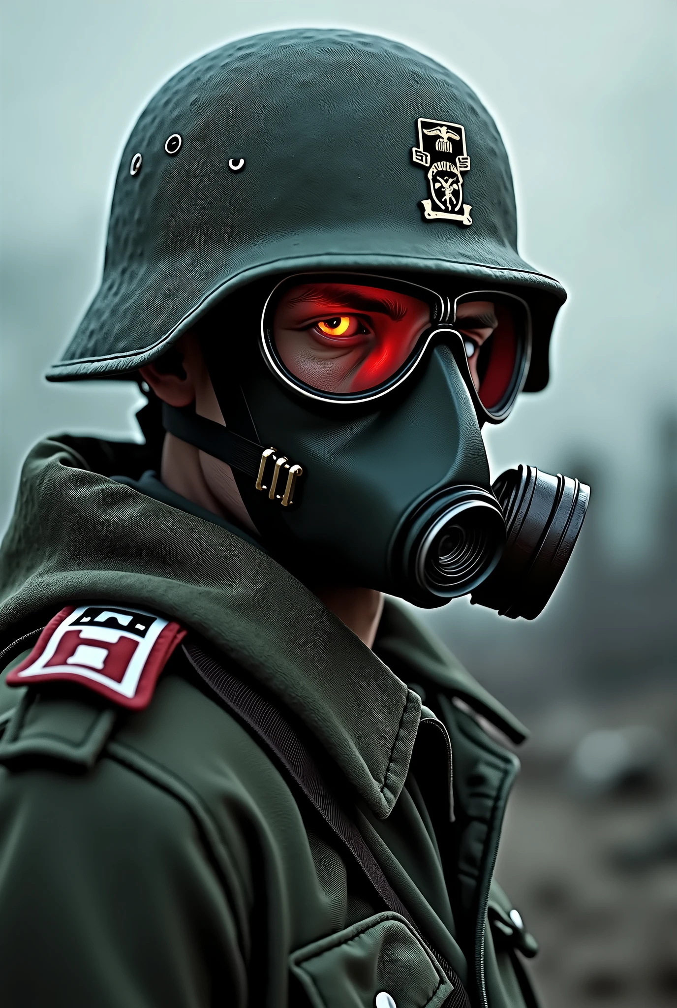 Goggled eye slight red glow menacingly, World war 2 gas masked German soldier Wehrmacht uniform, side faced
