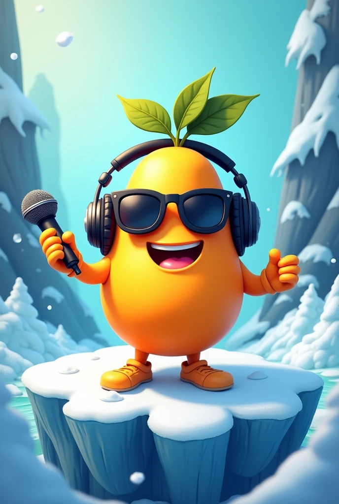 Create a Mango character with sunglasses, wearing headphone DJ on frozen ice, holding mic, happy and smile, top angle, cool pose