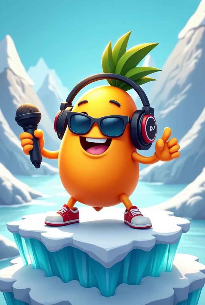 Create a Mango character with sunglasses, wearing headphone DJ on frozen ice, holding mic, happy and smile, top angle, cool pose