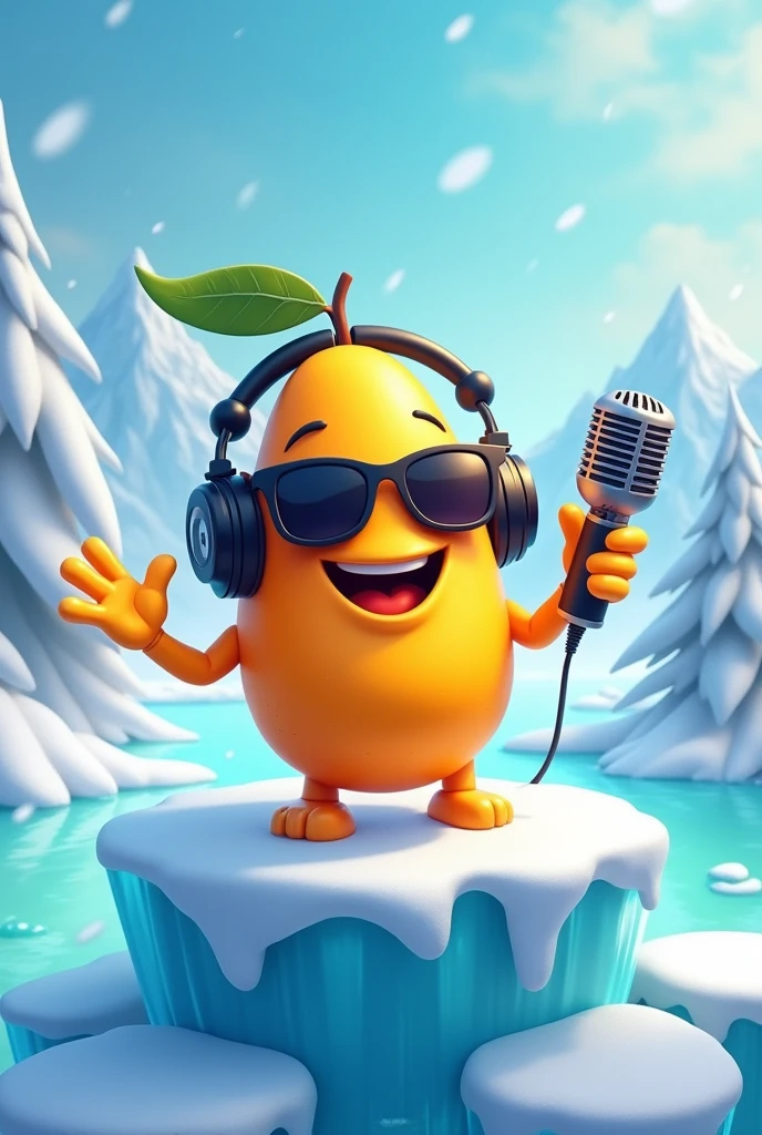 Create a Mango character with sunglasses, wearing headphone DJ on frozen ice, holding mic, happy and smile, top angle, cool pose