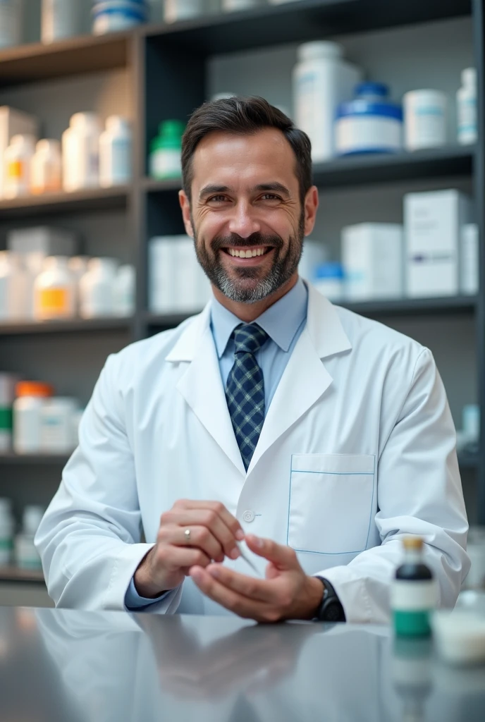 A handsome pharmacist giving medicine