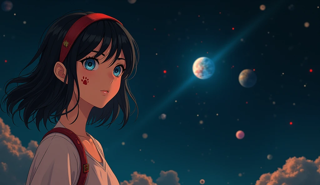 Mii girl on space, black hair, blue eyes, a red strap on hair, a red cat foot tattoo on her right cheek, In the style of Makoto Shinkai。master piece, ultra detail, precision, ultra-realistic, anime art,