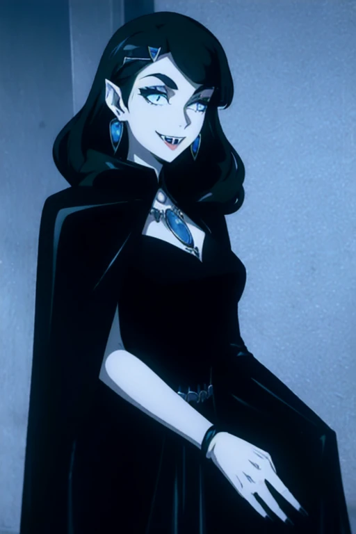 black dress, solo, black gloves, blue dress, cape, earrings, fangs, hair ornament, jewelry, long dress, necklace, see-through, smile
