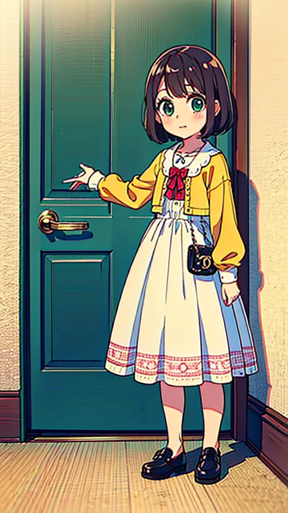 ((high quality)), ((masterpiece)), 8k, -old girlight rays, extremely detailed, 8k wallpaper, ((full body)), open the door, cute clothes, (background european city), kawaii, cute girl, brown hair, chanel short hair, green eyes, tiny girl,ldren, kid