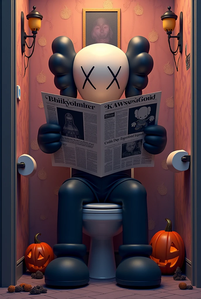 Create a kaws sitting on toilet reading newspaper around Halloween character