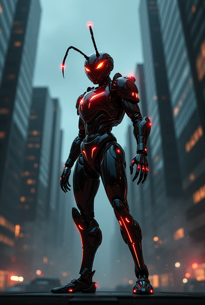 fire ant with glossy cyborg costume standing between sky scrapers at dark night