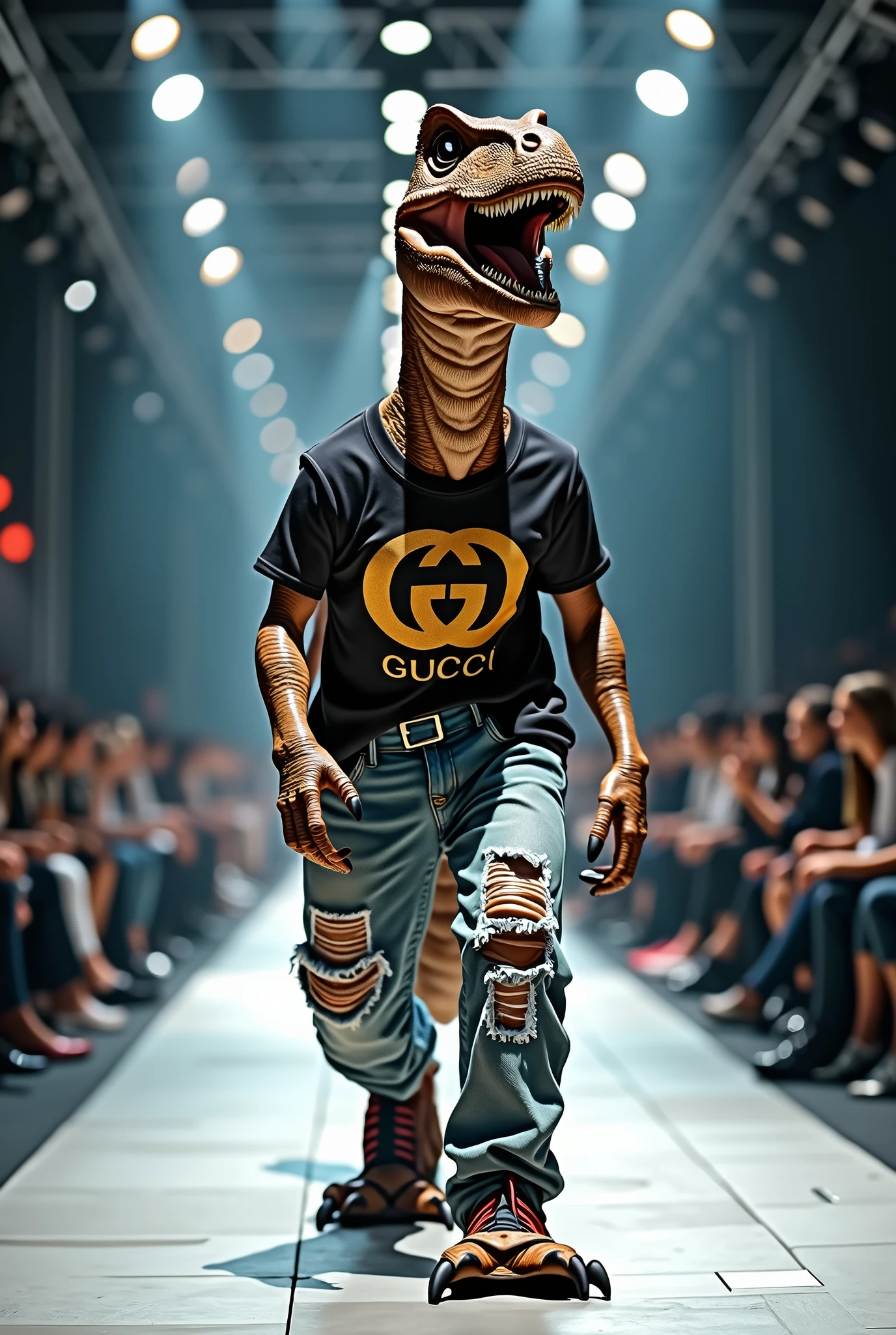 Dinosaur wearing a T-shirt and jeans set from Gucci in a fashion show. Full body photo, real as in real life.