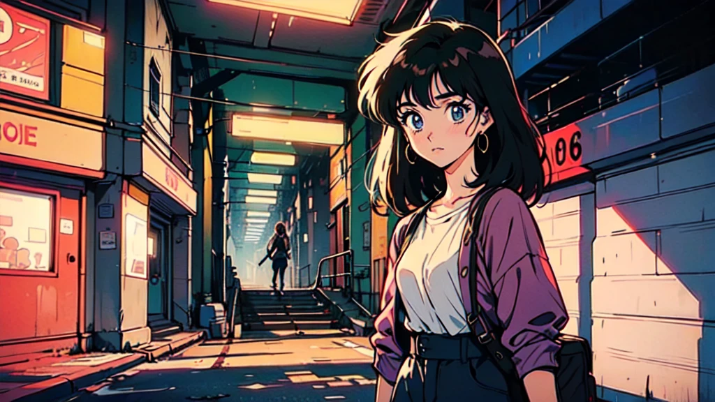 Create an illustration in the 90s anime art style of a young girl with long pink hair, standing in a dimly lit urban street. She has a slightly anxious expression on her face, with large, expressive blue eyes that reflect the glow of the nearby streetlights. The scene should capture a quiet, almost melancholic atmosphere, with the background featuring buildings and storefronts that are closed for the night. The girl's hair is styled in a simple manner, with a few strands falling over her face, and she carries a guitar case on her back. The lighting should create soft shadows, emphasizing the calm yet slightly uneasy mood of the night