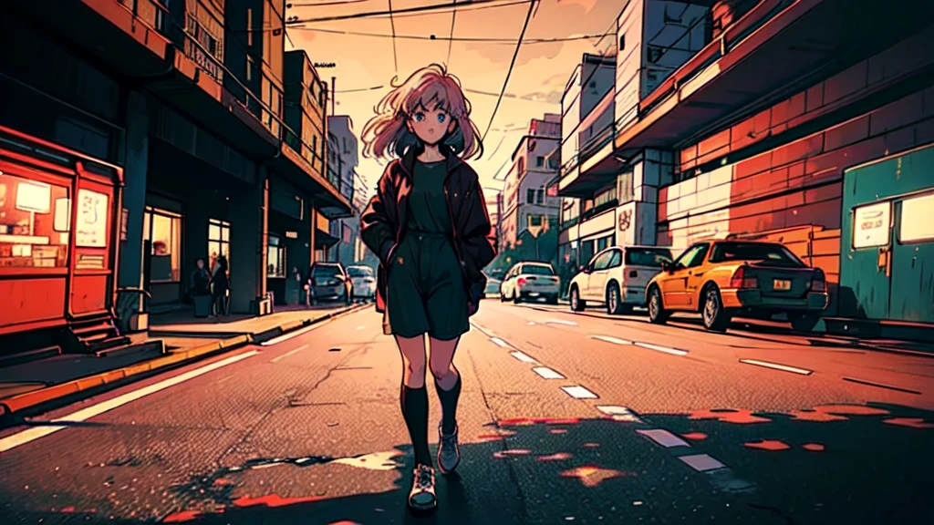 Create an illustration in the 90s anime art style of a young girl with long pink hair, standing in a dimly lit urban street. She has a slightly anxious expression on her face, with large, expressive blue eyes that reflect the glow of the nearby streetlights. The scene should capture a quiet, almost melancholic atmosphere, with the background featuring buildings and storefronts that are closed for the night. The girl's hair is styled in a simple manner, with a few strands falling over her face, and she carries a guitar case on her back. The lighting should create soft shadows, emphasizing the calm yet slightly uneasy mood of the night