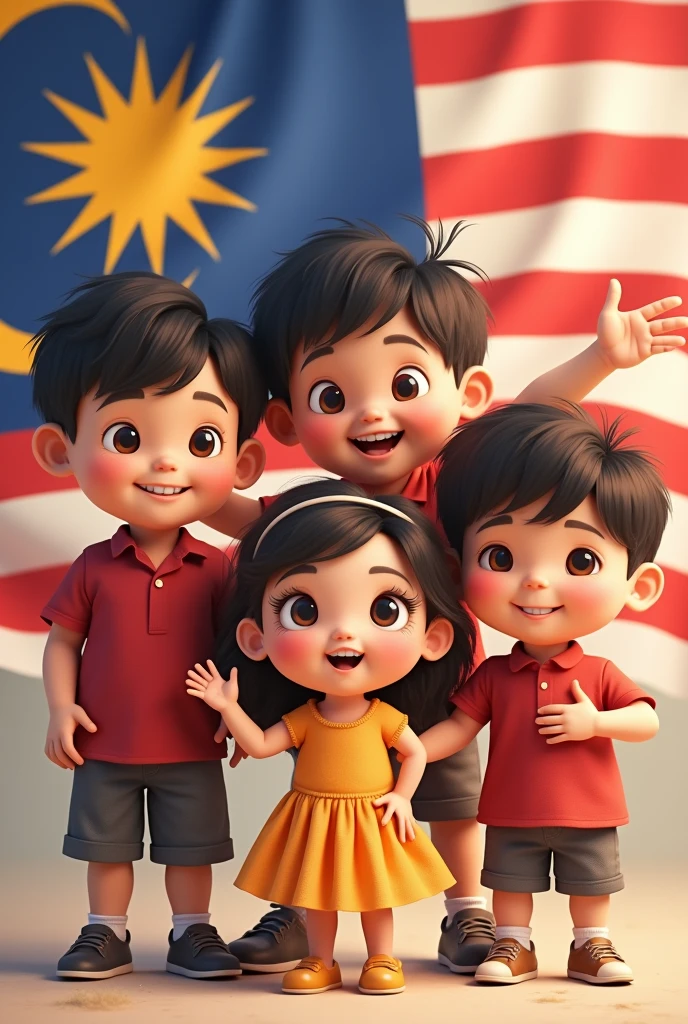 (photorealism:1.2)cartoon cute kids, boy ten years, boy 7 years , boy 4 years and little baby girl one year old princess, posing cute,  swag ,malaysian flag background, 
