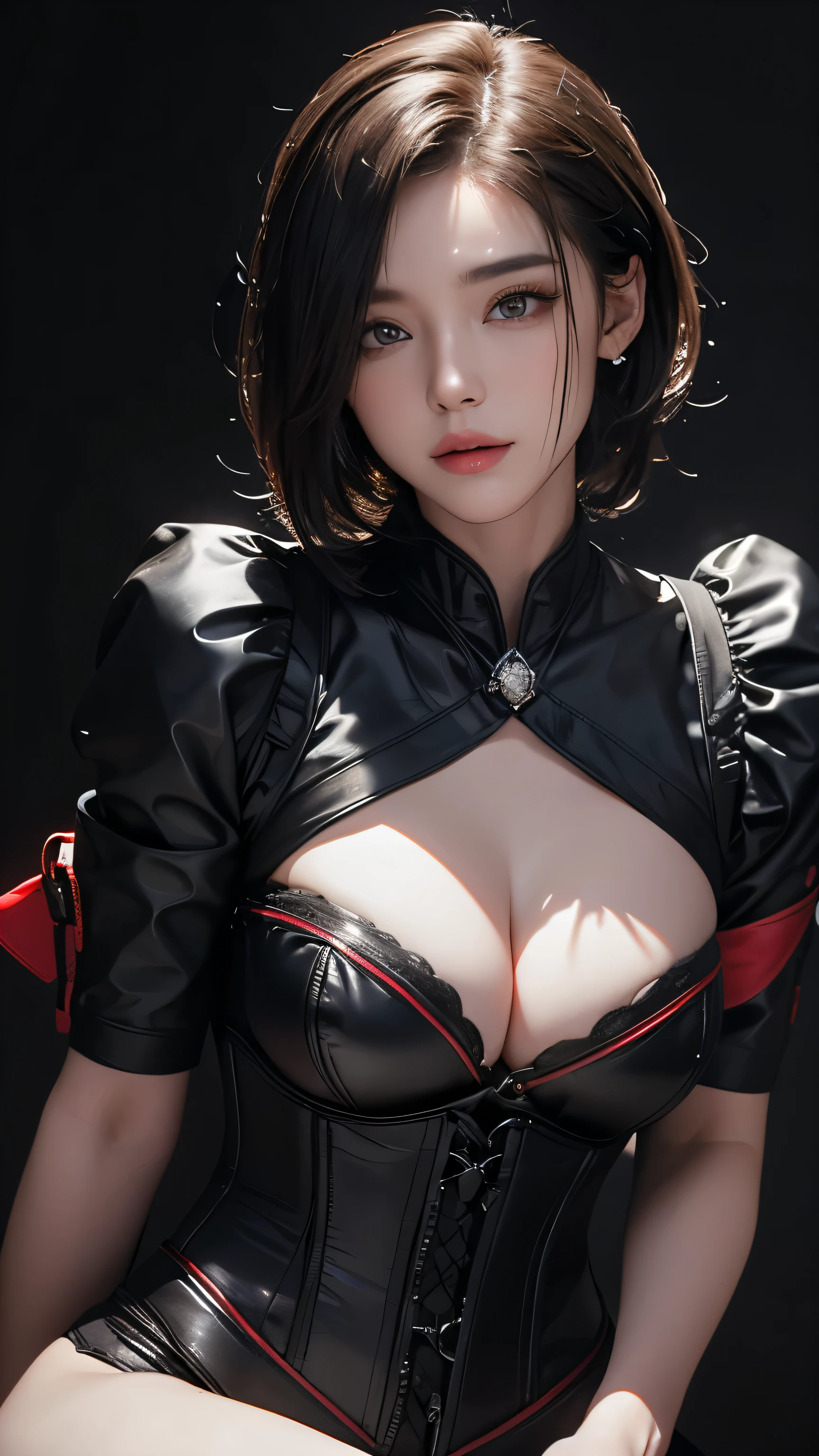 masterpiece, Highest quality, Very detailed, To the camera, Very detailed, Realistic, Sharp features, Very detailed, Sharp focus, Perfect Face, Perfect Face, Perfect symmetry and perfect eyes, Perfect Plump Lips, Flexible female form, cinematic, Film Light, Very detailedな, hyper Realistic, masterpiece, Atmospheric, High resolution, Vibrant, Dynamic Studio Lighting, ((Dark Background)), The facial expression when feeling happy, handcuffs, BDSM, slave, Rubber, Red Corset, (赤いfirst round), ((Highest quality, 8k, masterpiece: 1.3)), Sharp focus: 1.2, Beautiful woman with perfect figure: 1.4, Slim abs: 1.2, Wet body: 1.5, Very detailed face and skin texture, Detailed eyes, double eyelid, Very short hair,((SM lady)),((m嬢)),handcuffs,first round,Red and black outfit