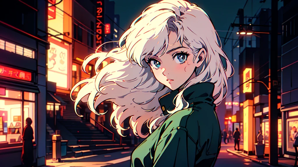 Create an illustration in the 90s anime art style of a young girl with long pink hair, standing in a dimly lit urban street. She has a slightly anxious expression on her face, with large, expressive blue eyes that reflect the glow of the nearby streetlights. The scene should capture a quiet, almost melancholic atmosphere, with the background featuring buildings and storefronts that are closed for the night. The girl's hair is styled in a simple manner, with a few strands falling over her face, and she carries a guitar case on her back. The lighting should create soft shadows, emphasizing the calm yet slightly uneasy mood of the night