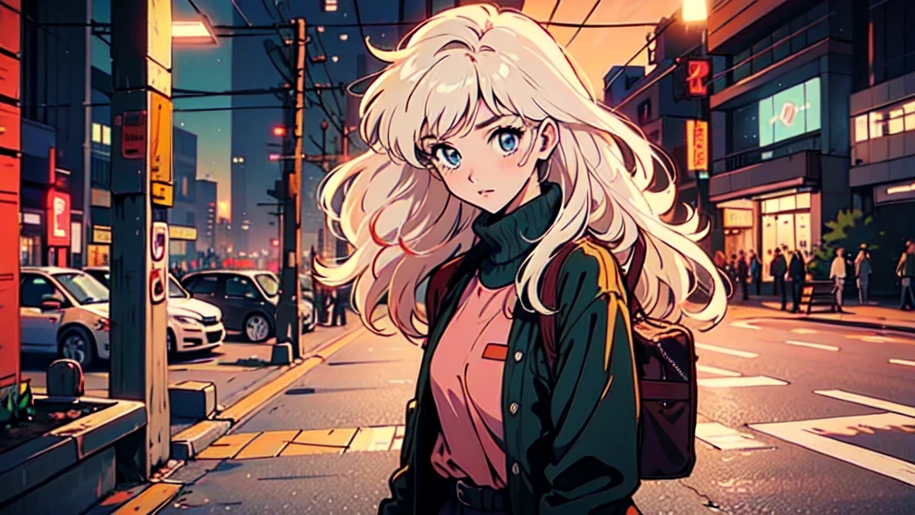 Create an illustration in the 90s anime art style of a young girl with long pink hair, standing in a dimly lit urban street. She has a slightly anxious expression on her face, with large, expressive blue eyes that reflect the glow of the nearby streetlights. The scene should capture a quiet, almost melancholic atmosphere, with the background featuring buildings and storefronts that are closed for the night. The girl's hair is styled in a simple manner, with a few strands falling over her face, and she carries a guitar case on her back. The lighting should create soft shadows, emphasizing the calm yet slightly uneasy mood of the night
