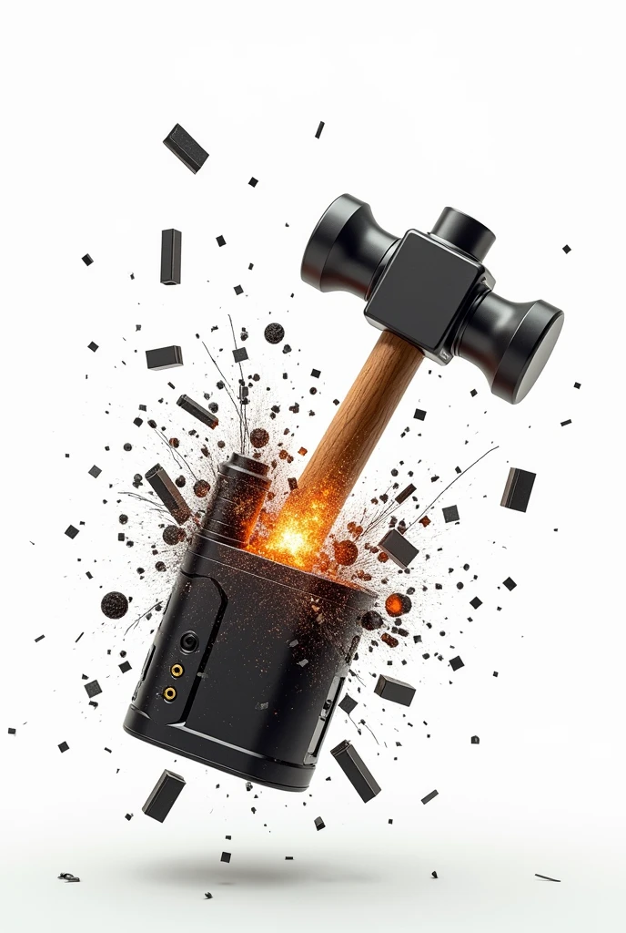 A detailed close-up of a vape device being violently smashed in mid-air against a pristine white background. The device is splitting in half under the force of a hammer, with jagged cracks and sharp edges clearly visible. Pieces of metal, plastic, and internal components are flying outward from the point of impact. A burst of sparks highlights the destructive force, while shards of the device scatter in various directions. The clean white background emphasizes the shattered vape, the hammer in motion, and the flying debris, with faint wisps of vapor dissipating into the air