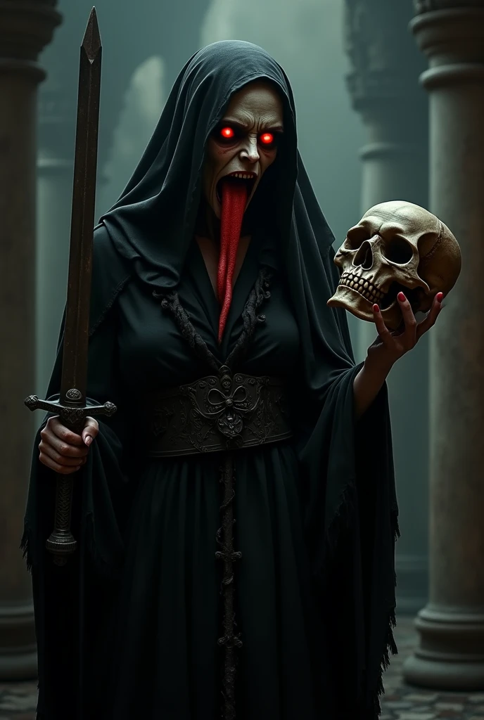 A woman with a red tongue, red eyes, a black robe, a dead skull in one hand and a sword in the other