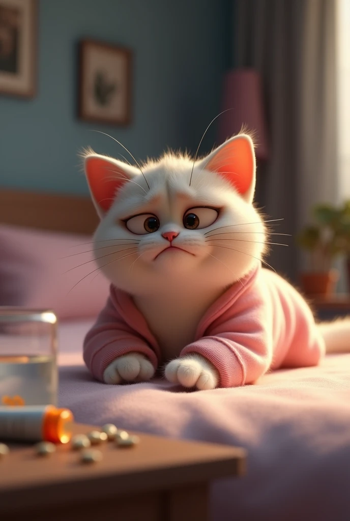"AI cat illustration drawn in Pixar-esque 3D animation style。Cat suffers from severe headache、I am suffering from pain that makes it difficult to carry out my daily life。Wearing pretty pastel-colored loungewear、Lying on a soft bed。Pain and suffering reflected in large, moist eyes、The ears lie flat。The room is dimly lit、A soft light shines through the window。On the bedside table are unopened medications and a glass of water.。The cat's expression is distorted in pain。In the background、The vague outlines of furniture and accessories are visible.。