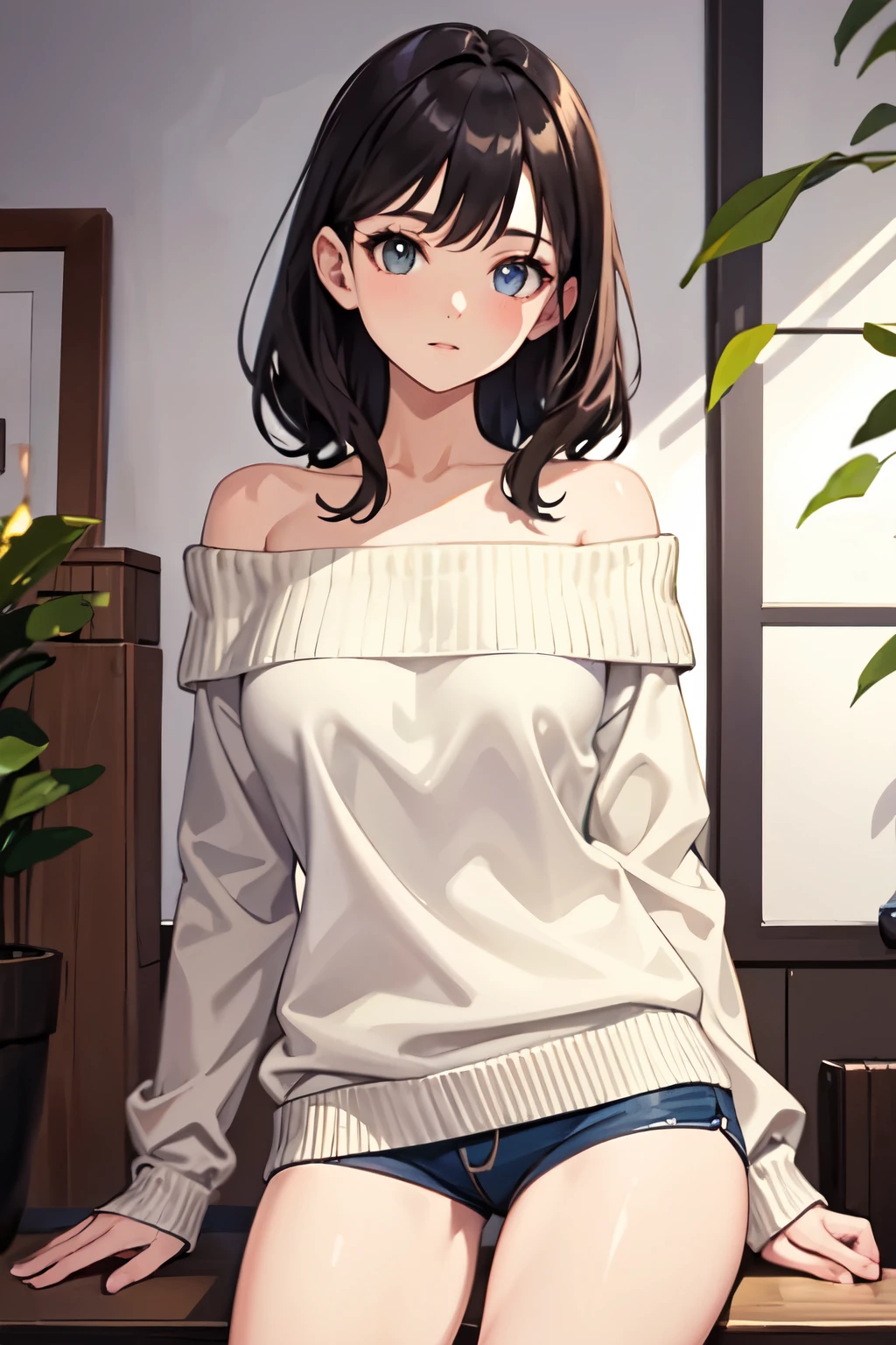 ((Highest quality)), ((masterpiece)), (detailed), One girl, Off-the-shoulder sweater,