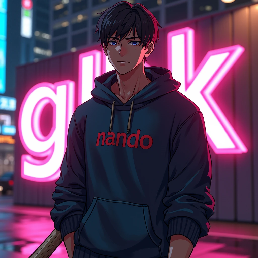 Create a character anime, {{background: large text “GLBK”, night city}}, tanned skin,
realistic, HDR, handsome, japan style, full body, use stick baseball, age 20, hoodie HD text: “NANDO”