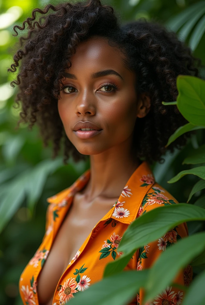 A Brazilian woman in a lush tropical garden, wearing an open shirt with a floral print, with a close-up capturing the harmonious beauty between her breasts and the natural flowers, showing off your natural charm and outgoing personality.