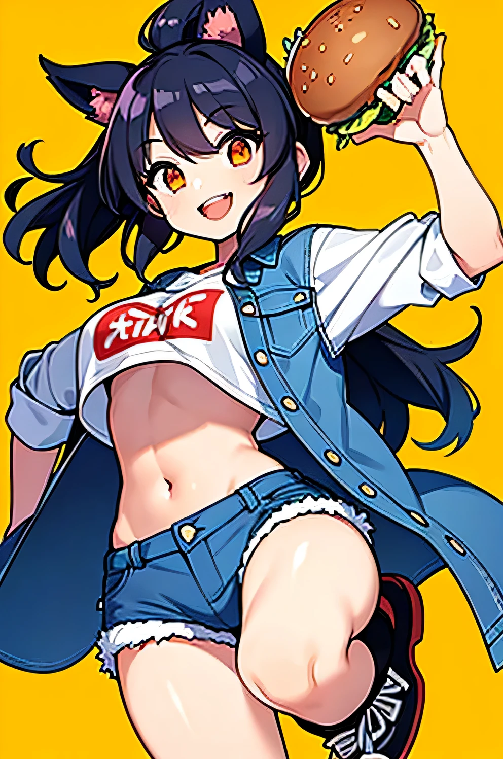 A cheerful woman smiling while holding a hamburger in one hand. She is posed dynamically, wearing denim shorts and a cropped top, exuding a fun, lively energy, energetic pose