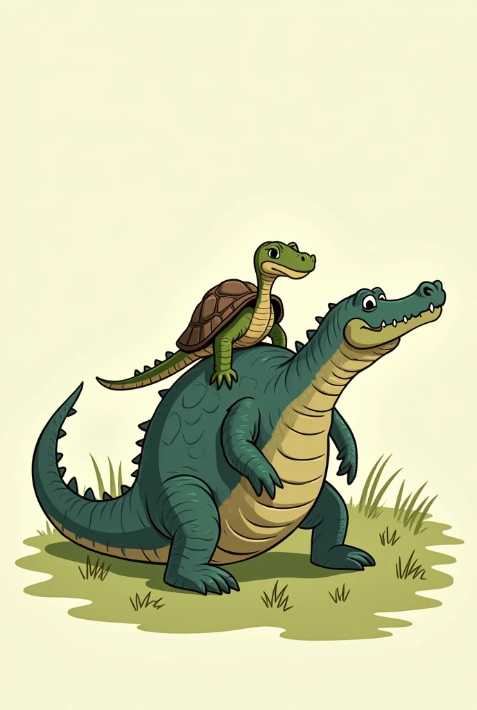 The tortoise sits on the back of the big crocodile and speaks in 2d cartoon