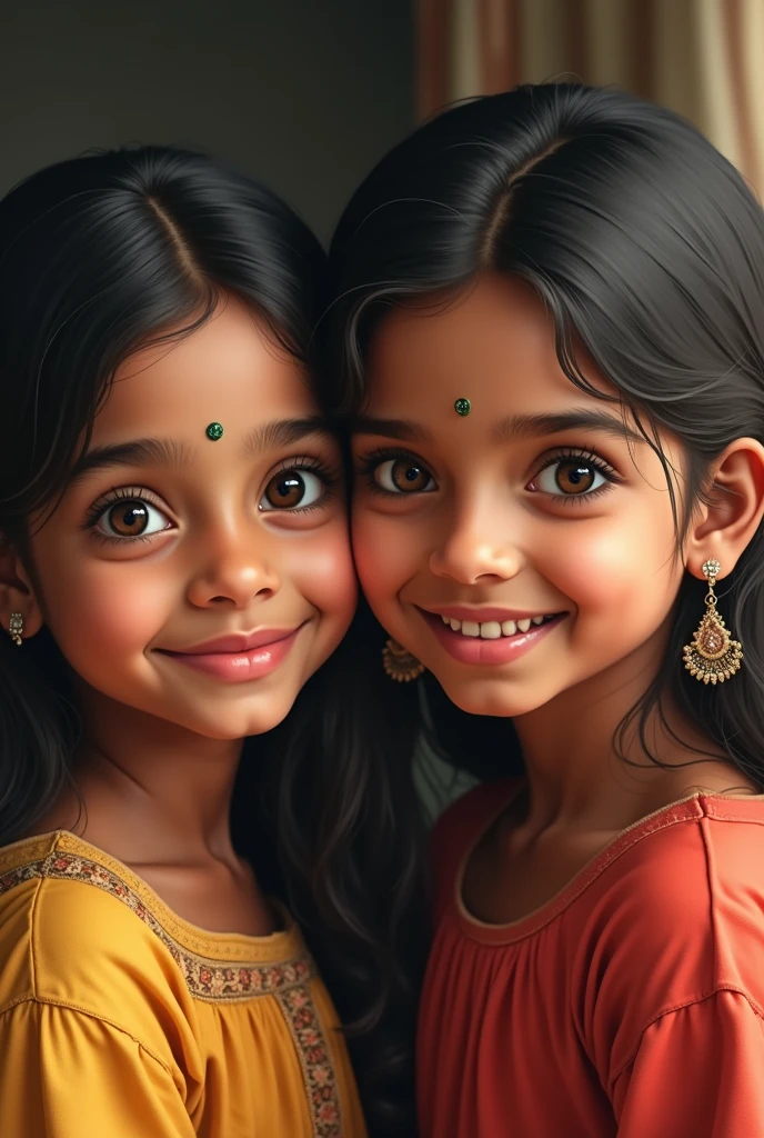 Create a image of a Indian 2 girl with missing teeth on front, that missing teeth should be visible to front look