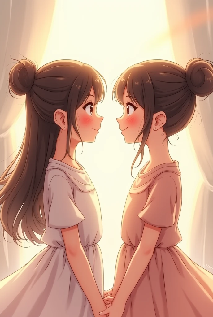 Twin sisters with different hair styles blush and stare at each other smiling.