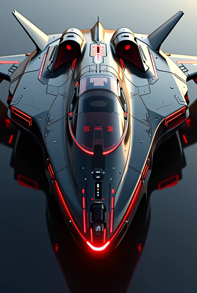 a futuristic plane,wide pilot cabin,20 passenger,black,red metalic colors