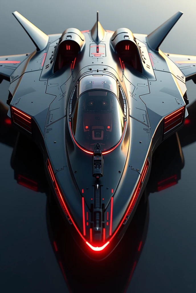 a futuristic plane,wide pilot cabin,20 passenger,black,red metalic colors