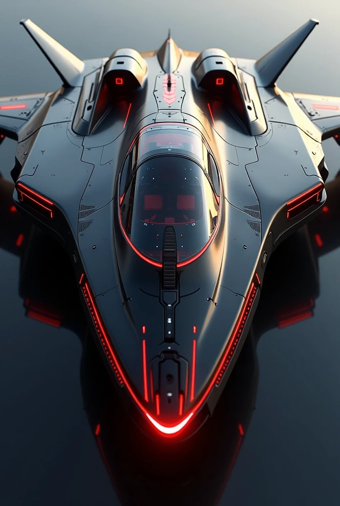 a futuristic plane,wide pilot cabin,20 passenger,black,red metalic colors