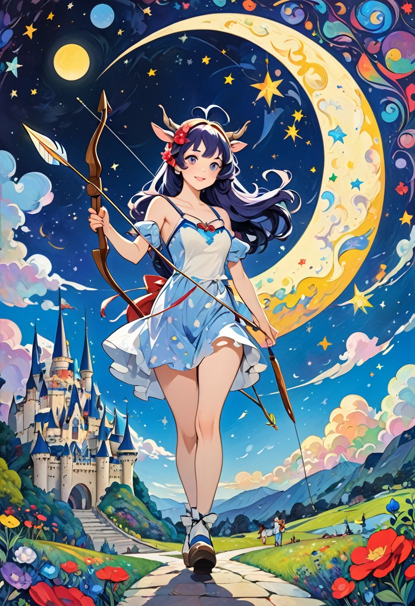 (A fantastic centaur girl wanders through the starry sky:1.2)、(Holding a bow and arrow)、You can see the castle of Wonderland on the ground、The stars and crescent moon look big、(Contemporary art like a picture book)、(Chagall-style painting)、(Flat oil painting)、(Low saturation)、(Simplified)、(Crayon outline)、(Highest quality, masterpiece, High resolution)、8k、wallpaper、