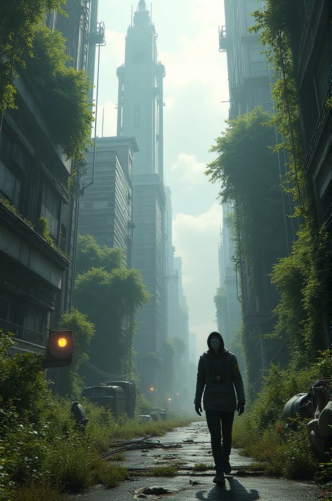 Dystopian futuristic city with nature 