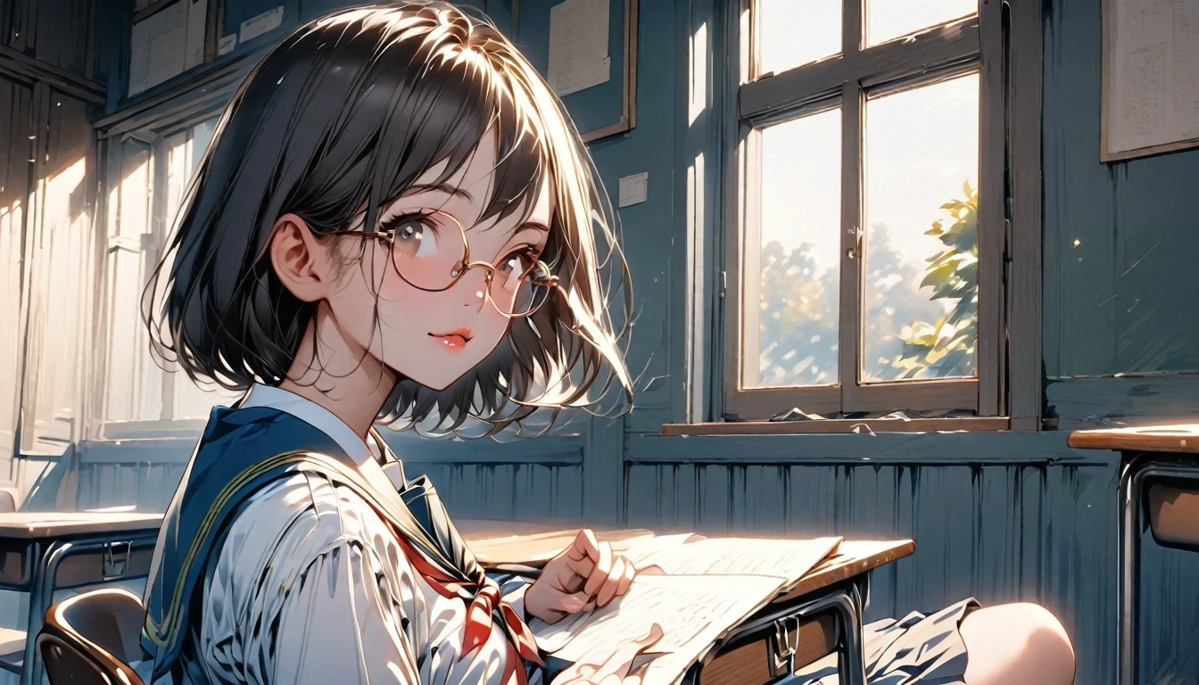 Portraiture、girl、solo, (15-years-old:1), slim, brown eye, Bright colors、Beautiful fine details、Beautiful lip detail、extra short hair, ((bob cut:1.5))、black hair, , glasses, school uniform, studyind, sitting at the study desk, bright class room, look at viewer:1, side view