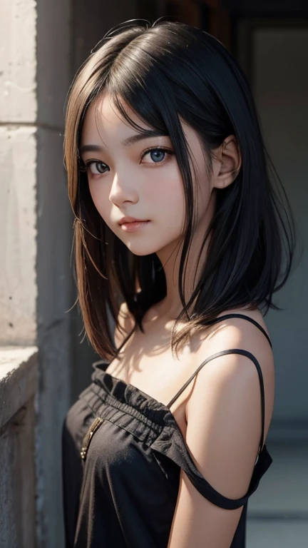 a girl who has short, beautiful shoulder-length hair and eyes that have the impression of a sharp gaze and has a cheeky and indifferent facial gesture