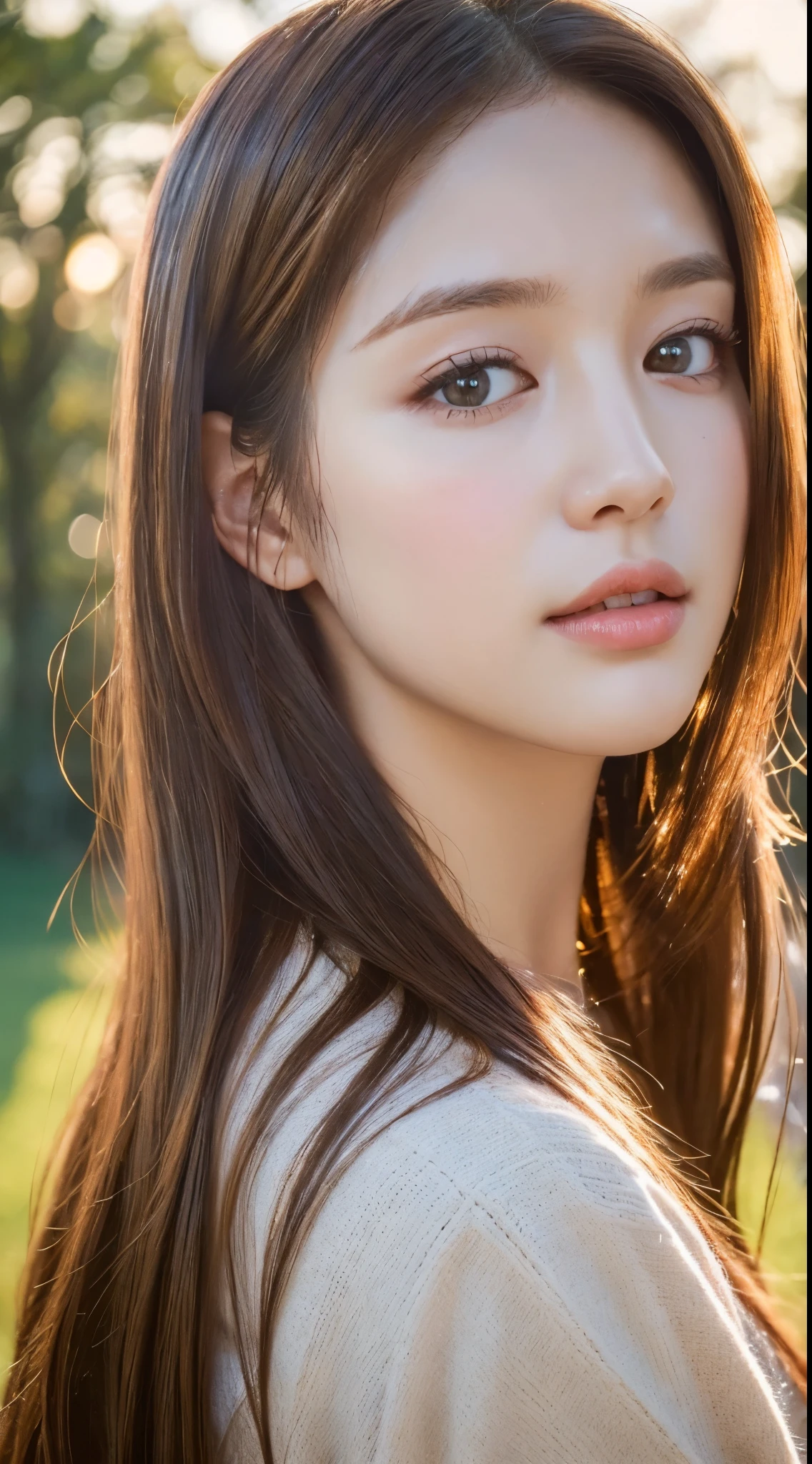 ((highest quality, 8K, masterpiece :1.3)), 1 girl, Pretty woman with emphasizing, light brown hair, go to the park in the evening, (Backlight :1.2), super detailed face, fine eyes, double eyelid