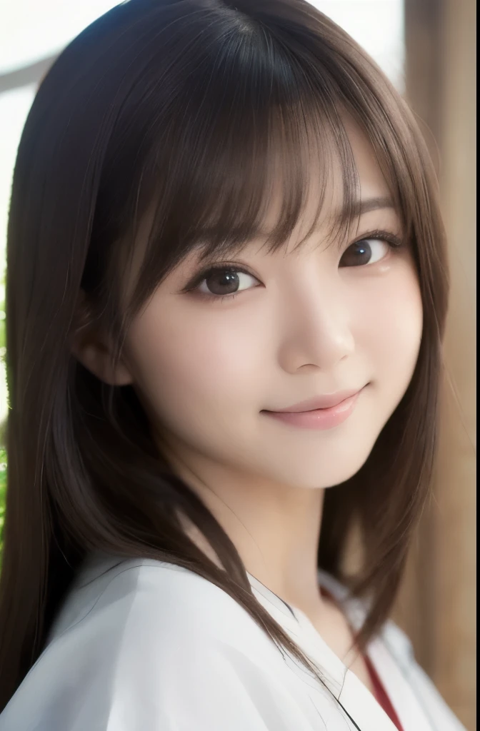 best quality, face focus, soft light, ultra high res, (photorealistic:1.4), RAW photo,(Shinozaki Ai), (fair skin), (kawaii),
1 Japanese girl, solo, cute, smile, (pupil, lights in the eyes),  detailed beautiful face, Medium-sized breasts,(high resolution detail of human skin texture),long hair,(portrait), upper body, white traditional kimono