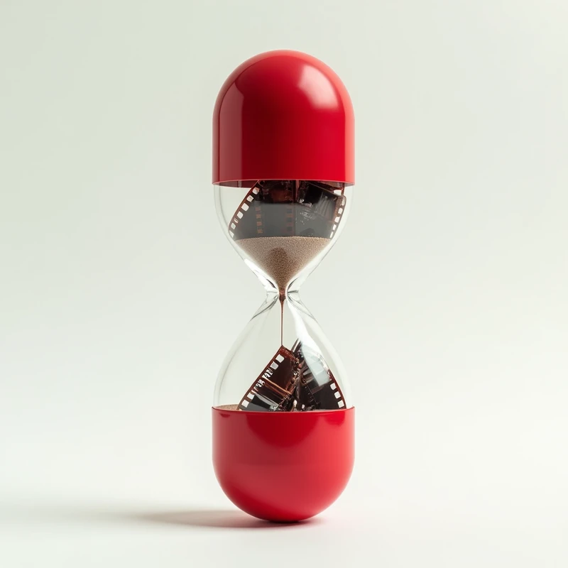 create a red and white hourglass shaped like a medicine capsule, and inside the hourglass there are rolled up film strips. do not put sand inside the hourglass, without sand